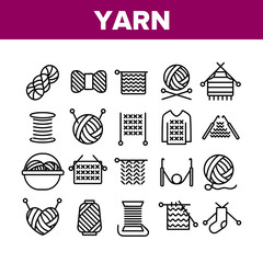 Yarn Ball For Knitting Collection Icons Set Vector Thin Line. Yarn In Bucket And Needles, Threads And Hooks, Sweater And Sock, Concept Linear Pictograms. Monochrome Contour Illustrations