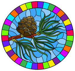 Illustration in stained glass style with a branch of larch, cone and needles on a branch on a blue background, oval image