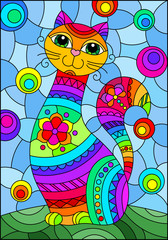 Illustration in stained glass style with abstract cute rainbow cat on a blue background