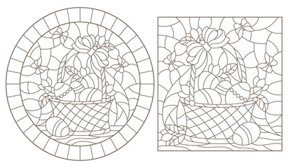Set of contour illustrations of stained glass Windows with Easter baskets with eggs and flowers, dark outlines on a white background