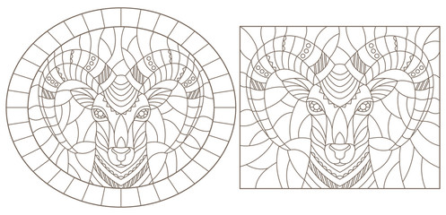 Set of contour illustrations of stained glass Windows with rams ' heads, dark outlines on a white background