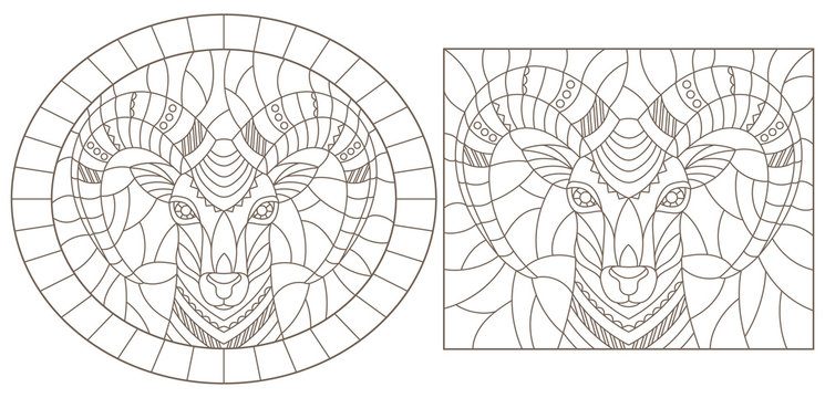 Set of contour illustrations of stained glass Windows with rams ' heads, dark outlines on a white background
