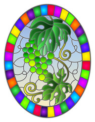 The illustration in stained glass style painting with a bunch of green grapes and leaves on a sky  background, oval image in bright frame