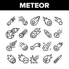Meteor Cosmic Body Collection Icons Set Vector Thin Line. Space Meteor, Asteroid With Flame Tail, Burning Comet Flying On Earth Concept Linear Pictograms. Monochrome Contour Illustrations