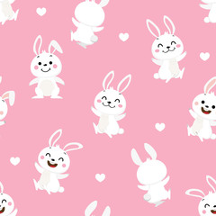 Obraz na płótnie Canvas Cute white rabbit and little hearts seamless pattern. Animal wildlife cartoon character. -Vectorrabbit2020_pattern