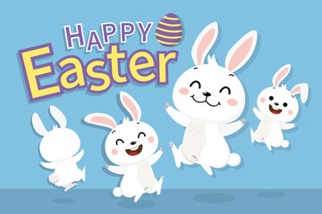 Happy Easter greeting card with cute white bunny and eggs. Welcome spring season with rabbit. Animal wildlife holiday cartoon character. -Vector.