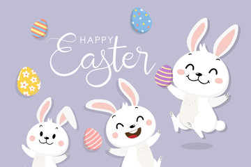 Obraz na płótnie Canvas Happy Easter greeting card with cute white bunny and eggs. Welcome spring season with rabbit. Animal wildlife holiday cartoon character. -Vector.