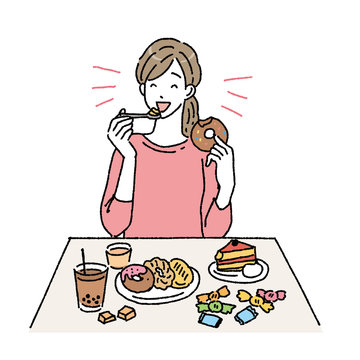 甘いものを食べる女性　イラスト