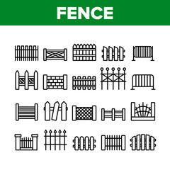Fence Construction Collection Icons Set Vector Thin Line. Wooden And Metallic, Brick And Stone Fence Different Material And Design Concept Linear Pictograms. Monochrome Contour Illustrations