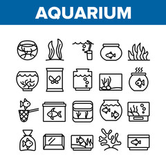 Aquarium Fish Decor Collection Icons Set Vector Thin Line. Seaweed And Coral For Decorate Aquarium, Clean Stick And Water Bubble Pump Concept Linear Pictograms. Monochrome Contour Illustrations