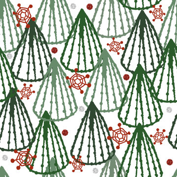 seamless glitter christmas pattern background with habd draw pine tree