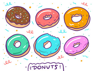 Cute donuts set. Vector illustration. Isolated on white background.