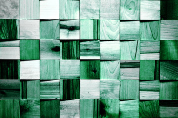 Aqua mint hardwood bright wooden plank square blocks in the uneven indoor wall surface. Aqua Menthe colour, trend color of the new year 2020. Abstract backdrop texture pattern