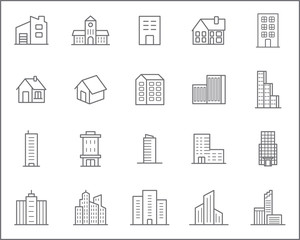 Set of building and real estate Icons line style. Included the icons as house, constructor, city, town, apartment, office and more. customize color, stroke width control , easy resize.