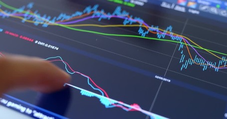 Finger touch on screen with stock market data - Powered by Adobe