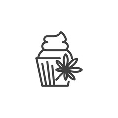 Cannabis cupcake line icon. Hemp cake dessert linear style sign for mobile concept and web design. Muffin with Marijuana leaf outline vector icon. Symbol, logo illustration. Vector graphics