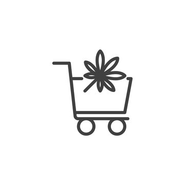 Cannabis shopping cart line icon. Buying hemp linear style sign for mobile concept and web design. Trolley with Marijuana leaf outline vector icon. Drug store symbol logo illustration. Vector graphics
