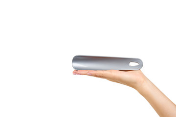 Plastic gray shoe spoon. Shoehorn foot accessory.