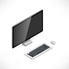 Realistic desktop computer with monitor, keyboard and mouse Isometric Vector Illustration. 3d pc with empty black screen isolated on white background. For Mobile, Web, Print, Application, advert