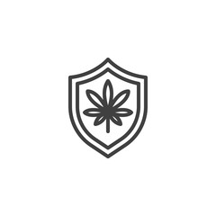 Shield with marijuana leaves line icon. linear style sign for mobile concept and web design. Cannabis shield outline vector icon. Symbol, logo illustration. Vector graphics