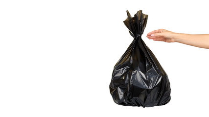 Black plastic trash bag, tied junk pack, garbage package.