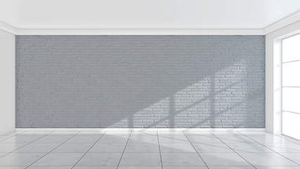 White brick wall, texture of whitened masonry as a background. 3d illustration.