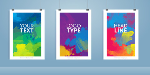 Vector colorful watercolor background poster mockup template set