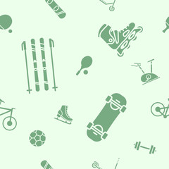 Sport and fitness background - Vector seamless pattern solid silhouettes of bicycle, ball, ski, snowboard, skates, scooter, skateboard and etc. for graphic design
