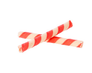 Pink stripe wafer rolls on white Background. Wafer rolls with strawberry isolated on white background.