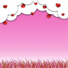 festival celebration, happy valentine's day, paper cut, red heart cloud sky pink background, grass, Isolated vector design