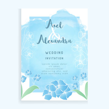 Blue wedding invitation frame, rsvp, save the date card design with elegant flowers, leaves, watercolor, isolated. Sketched wreath, and hand drawn floral. Vector Watercolour style, nature art.