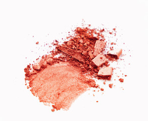Makeup cosmetics. Eyeshadow crushed palette, colourful eye shadow powder on light background