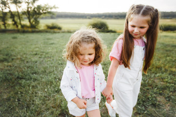 Little sister girls walk in the spring meadow.