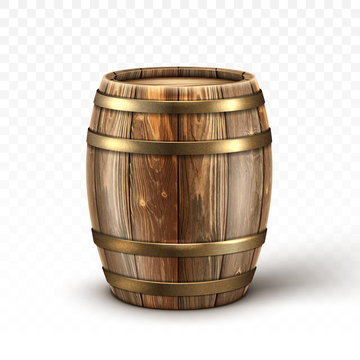 Wooden barrel for wine or beer. Cask from oak wood with copper or iron rings. Vector realistic keg for whiskey, rum or cognac isolated on transparent background