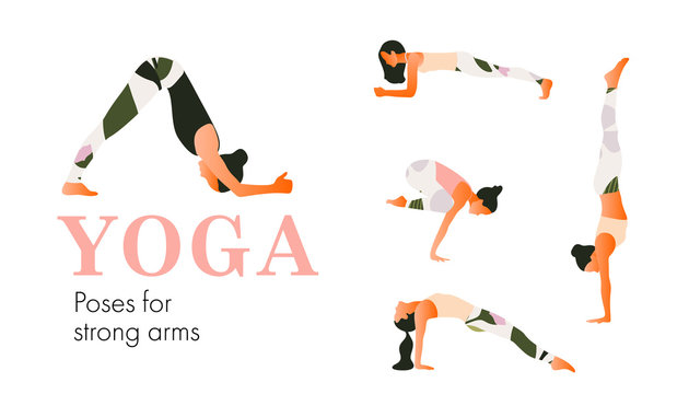 A set of yoga postures female figures for strong arms. Woman figures exercise in printed sportswear. Vector Illustration, flat style.