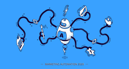 Marketing automation 2020 isometric banner. Technology for SEO, internet, digital business content. Octopus robot with many hands holding office attributes and graphs. 3d vector illustration, line art