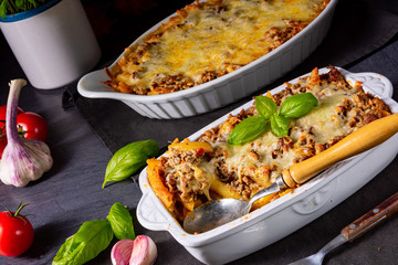 noodle , minced meat casserole with cheese