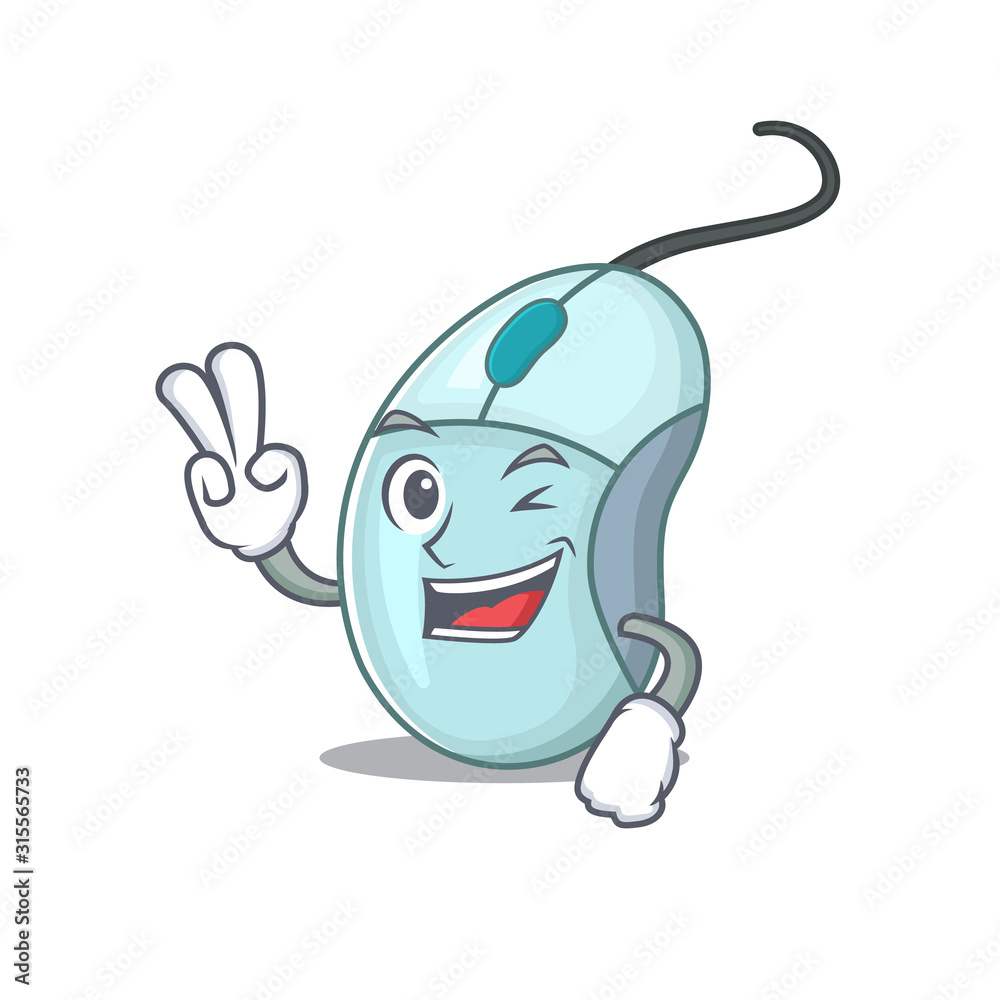 Poster smiley mascot of computer mouse cartoon character with two fingers