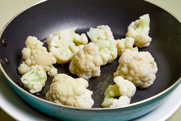 Cooking. Broccoli on a pan on a light background