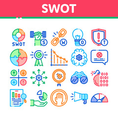 Swot Analysis Strategy Collection Icons Set Vector Thin Line. Swot Infographics And Broken Chain, Lightbulb, Shield And Brain With Gear Concept Linear Pictograms. Color Contour Illustrations