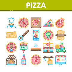 Pizza Delicious Food Collection Icons Set Vector Thin Line. Pizza With Seafood And Vegetable, With Chicken And Cheese, Cook And Delivery Concept Linear Pictograms. Color Contour Illustrations