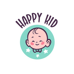 Baby logo with infant character head in bow tie smiling isolated on white background. For children shop, baby room, boutique accessories. Vector flat illustraition.