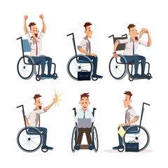Disabled Employe in Wheelchair Trendy Flat Vector Character Set. Male Office Worker, Businessmen with Disabilities Eating Pizza, Working on Laptop, Celebrating Success, Giving High Five Illustrations