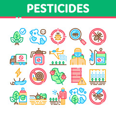 Pesticides Chemical Collection Icons Set Vector Thin Line. Pesticides For Agricultural Field Processing By Plane, Bottle Spray And Equipment Concept Linear Pictograms. Color Contour Illustrations