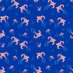Floral seamless pattern. Lily flower with leaves on a blue trendy background for design decor of textile, fabric, wrapping gift paper, silk, cover, packaging, tablecloth, napkin