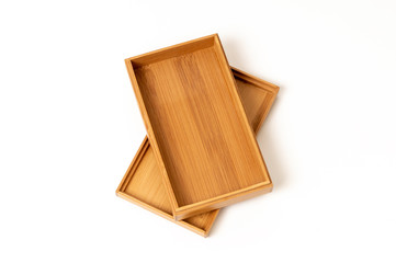 open wooden box with lid on white background, mock up