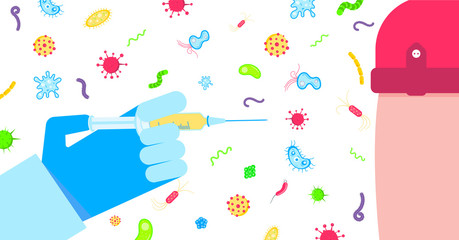 Kid vaccination banner concept flat style design poster. Hand with syringe and vaccine. Medical awareness flu disease day banner and vaccination kids concept.