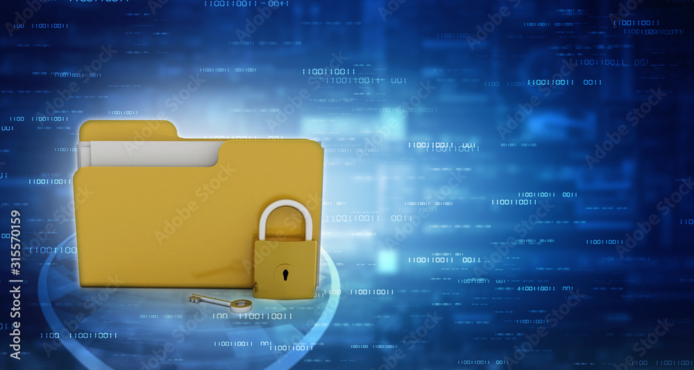 Poster yellow folder and lock. data security concept. 3d rendering