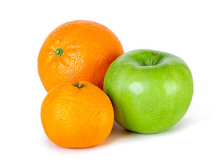 Green apple, tangerine and orange isolated on white background