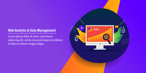Web analytic and data management, business, marketing and financial information, statistic, organize data concept. Web banner template with text.